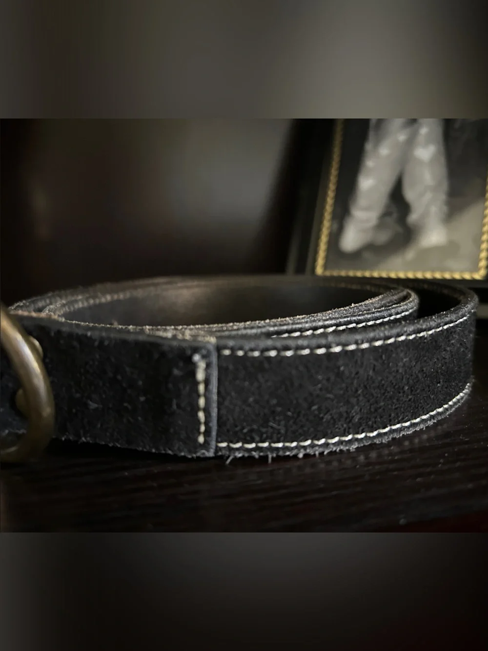GAP Black Suede Belt with Antiqued Brass Round Buckle